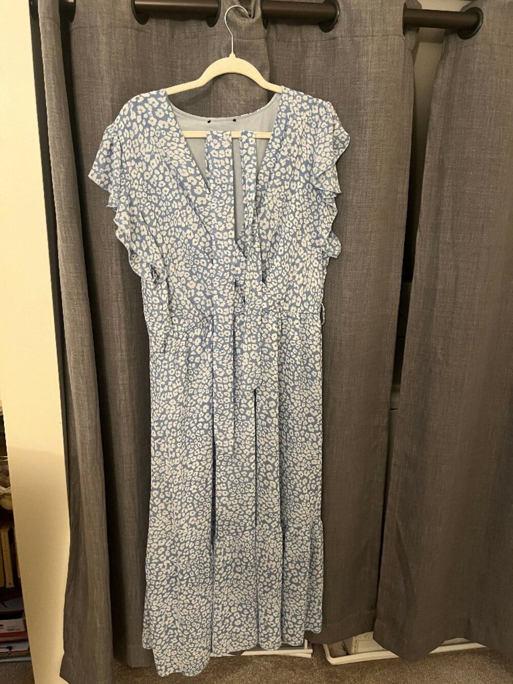 Blue & White Leopard Print Ruffle Sleeve Tiered Maxi Dress Tie Detail